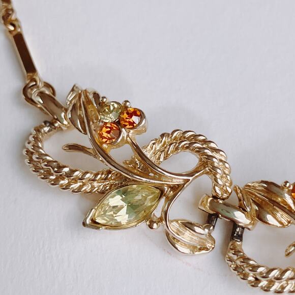 Signed Coro Mid Century Gold Tone Leaf Necklace with Amber Rhinestones VTG 1950s - Picture 4 of 12